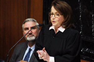 Indiana Chief Justice Loretta Rush told lawmakers in her 2023 State of the Judiciary speech that state judges stand ready to help lawmakers as they work to expand mental health care access. (Brandon Smith/IPB News)