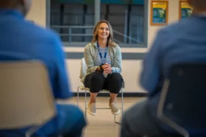 Jessica Beyer speaks to Correctional Industrial Facility’s Indiana Peer Education Program (InPEP) on Tuesday, July 11, 2023, in Pendleton. Clare Grant/IndyStar